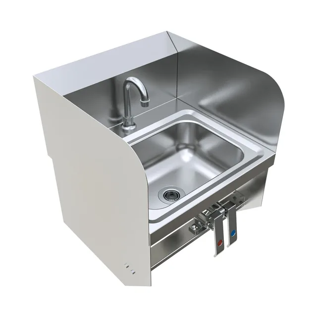 BK Resources BKHS-D-1410-1SSBKKPG — Wall-Mount Hand Sink, 17"W x 17"D, 20-ga 304 stainless, knee valve, side splashes
