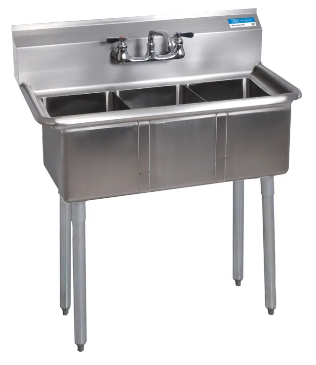 BK Resources BKS-3-1014-10 — 3-Compartment Sink, 10"x14" bowls, 35"W x 19.81"D, 18-ga 304 stainless