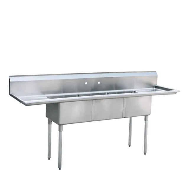 Atosa MRSB-3-D — 3-Compartment Sink, 24"x24" bowls, 90"W x 24"D, 16-ga stainless, L&R drainboards