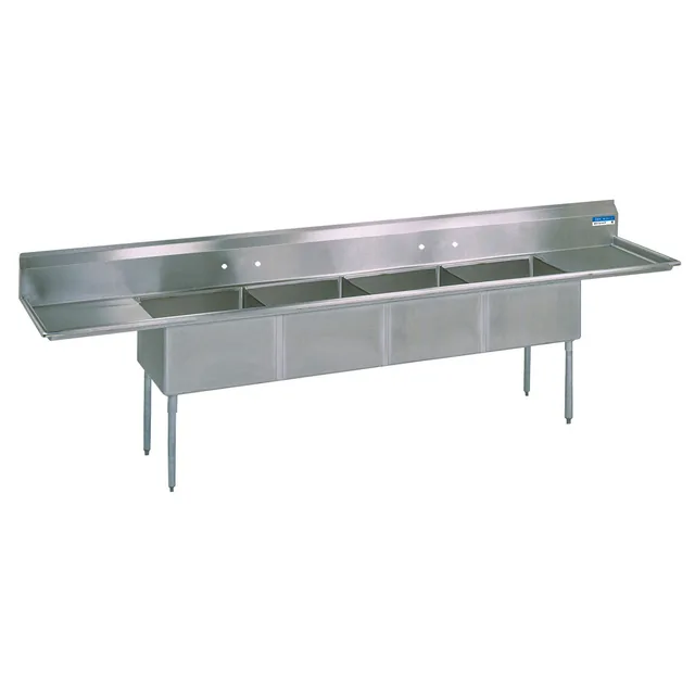 BK Resources BKS-4-1620-14-18T — 4-Compartment Sink, 16"x20" bowls, 100"W x 25.81"D, 18-ga 304 stainless, L&R drainboards