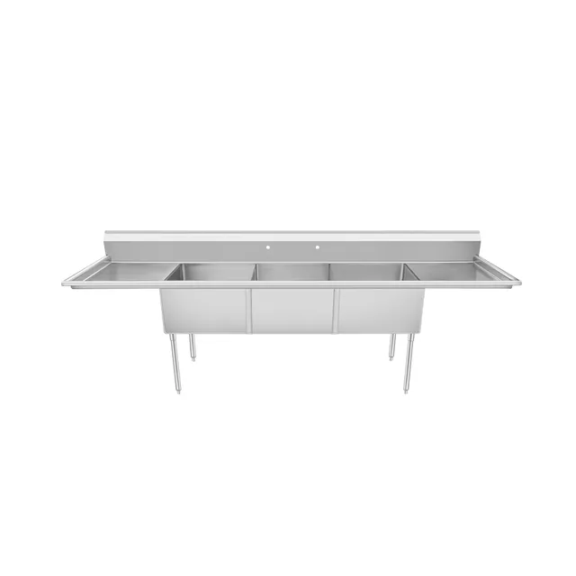 Atosa SS1818D31D18 — 3-Compartment Sink, 18"x18" bowls, 90"W x 23.5"D, 18-ga 304 stainless, L&R drainboards