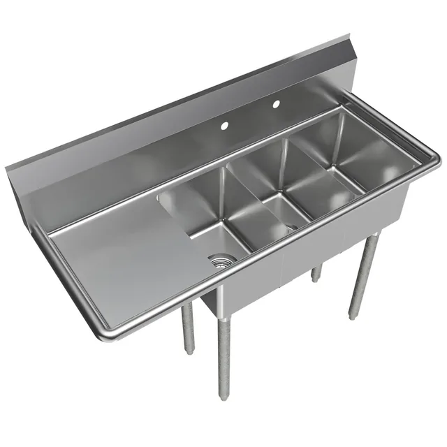 BK Resources BKS-3-1014-10-15L — 3-Compartment Sink, 10"x14" bowls, 47.5"W x 19.81"D, 18-ga 304 stainless, left drainboard