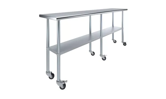 AmGood AMGWT-1884-WHEELS — Work Table with Undershelf & Casters, 84"W x 18"D, 18-ga 430 stainless steel