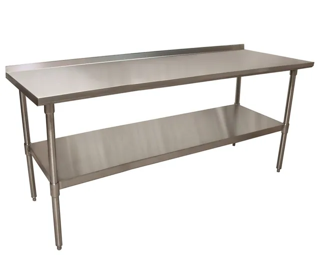 BK Resources SVTR-7224 — Riser-Top Work Table with Undershelf, 72"W x 24"D x 36"H, 18-ga stainless steel