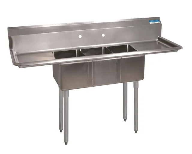 BK Resources BKS-3-1014-10-12T — 3-Compartment Sink, 10"x14" bowls, 54"W x 19.81"D, 18-ga 304 stainless, L&R drainboards