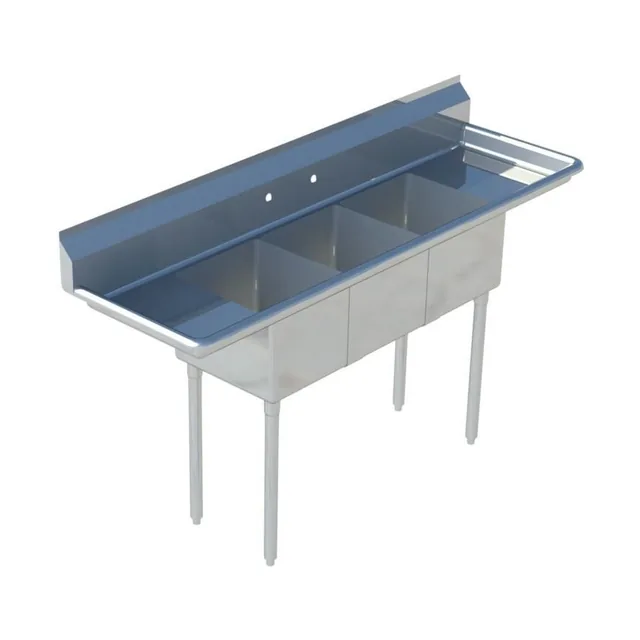 Sapphire SMS-3-1014D — 3-Compartment Sink, 10"x14" bowls, 60"W x 19.5"D, 18-ga 304 stainless, L&R drainboards