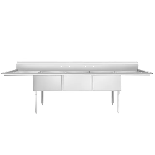 Atosa SS2424F31D24 — 3-Compartment Sink, 24"x24" bowls, 120"W x 29.5"D, 18-ga 304 stainless, L&R drainboards