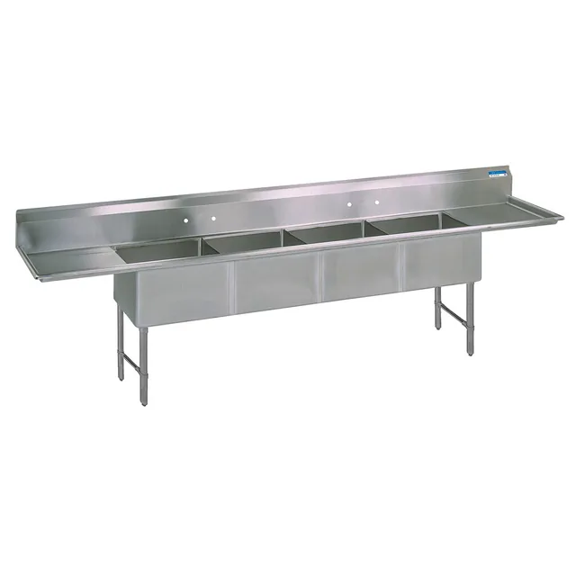 BK Resources BKS-4-1620-14-18TS — 4-Compartment Sink, 16"x20" bowls, 100"W x 25.81"D, 18-ga 304 stainless, L&R drainboards