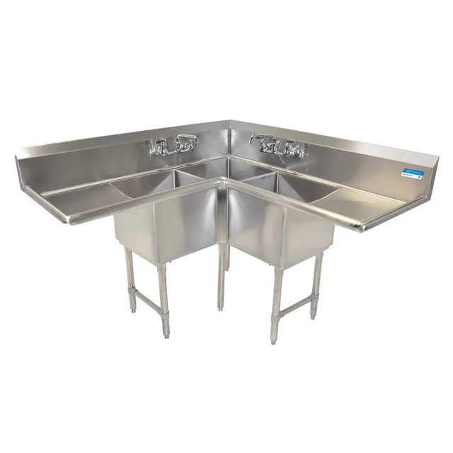 BK Resources BKCS-3-18-14-18T — 3-Compartment Sink, 18"x18" bowls, 57"W x 57"D, 18-ga 304 stainless, L&R drainboards