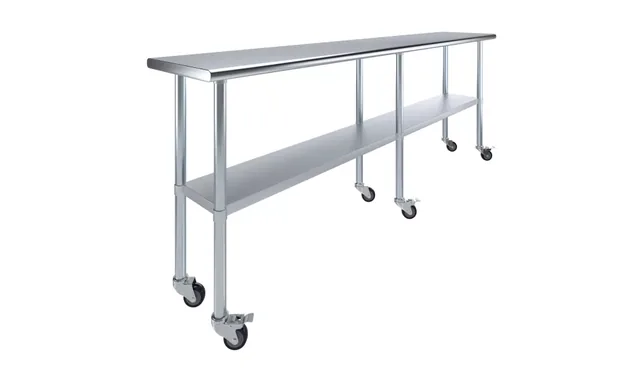 AmGood AMGWT-1896-WHEELS — Work Table with Undershelf & Casters, 96"W x 18"D, 18-ga 430 stainless steel